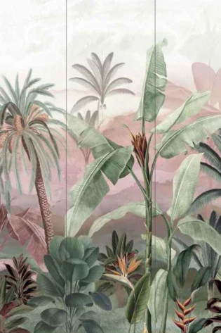 Lively 'Tropical Rhapsody' wallpaper, full of rich green tropical plants and palm fronds, offering a visual symphony of nature's splendor in a home setting.