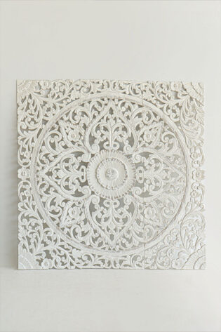 Opulent Queen Beach White Headboard with exquisite carvings, offering a pristine and sophisticated appeal to the queen-sized bed setting.
