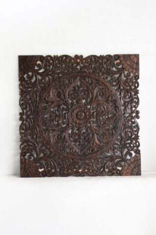 Intricately carved dark wood Thailand Queen Headboard, featuring a rich floral design for a majestic and stylish bedroom centerpiece.