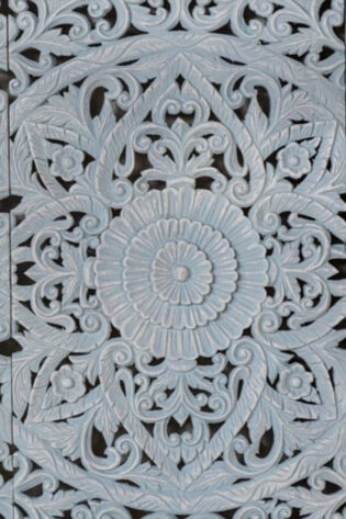Close-up of the Distressed Blue Queen Headboard with elegant floral carvings, offering a rustic yet sophisticated allure to the bedroom space.
