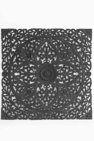 Dramatic Queen Black Headboard featuring an elaborate carved design, adding a touch of elegance and bold style to the bedroom's interior design.