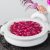 Traditional white Urli Candle Floater brimming with vivid pink rose petals, accompanied by modern white sculptures, merging classic and contemporary decor styles.