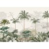 Kovalam Paradise' wallpaper illustrating a dense tropical forest with tall palm trees, offering a serene and exotic ambiance to the space.