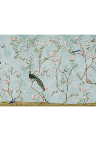 Elegant Bagiya Peacock Chinoiserie wallpaper with intricate branches and blooming flowers, inhabited by majestic peacocks, creating an opulent nature-inspired scene.