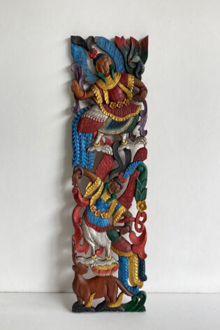 Vibrant and colorful art carving wall panel in upcycled teak wood, showcasing traditional Thai craftsmanship by Siam Sawadee.