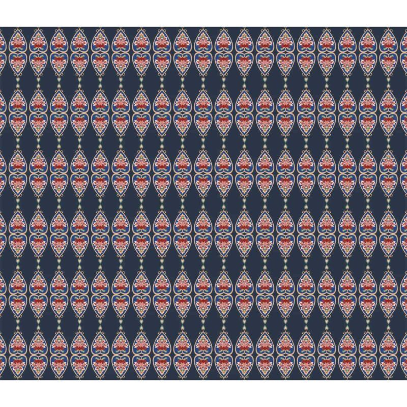 Detailed Mystic India pattern with vibrant traditional motifs against a deep blue background, reflecting the intricate beauty of Indian design in wallpaper.