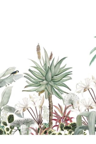 Wallpaper portraying 'A Story by the Garden' with lifelike botanical illustrations, inviting a sense of tranquility and lushness to the interior.