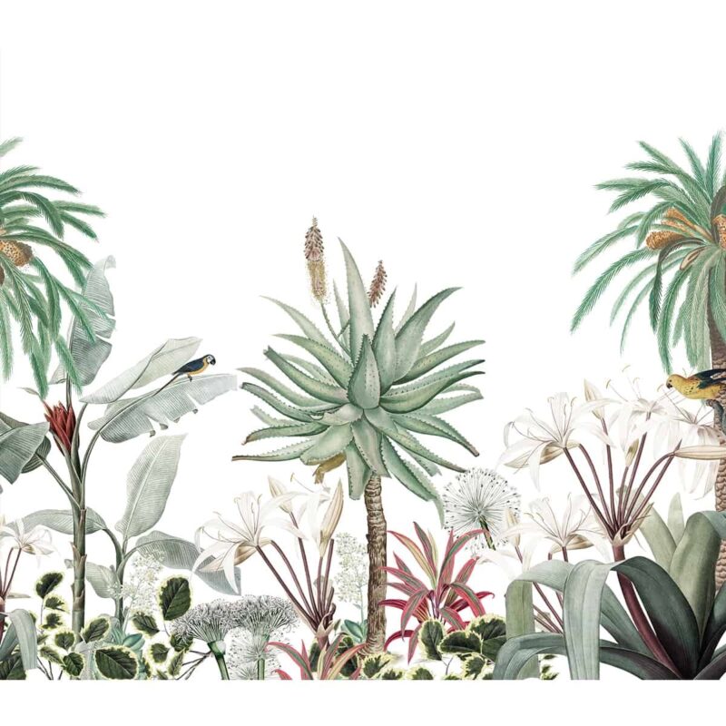 Wallpaper portraying 'A Story by the Garden' with lifelike botanical illustrations, inviting a sense of tranquility and lushness to the interior.