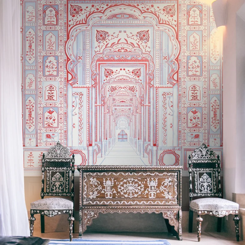 Immersive 'Dilli Darbar' wallpaper portraying the elaborate architecture of Delhi's royal courts, adding a regal dimension to interior design.
