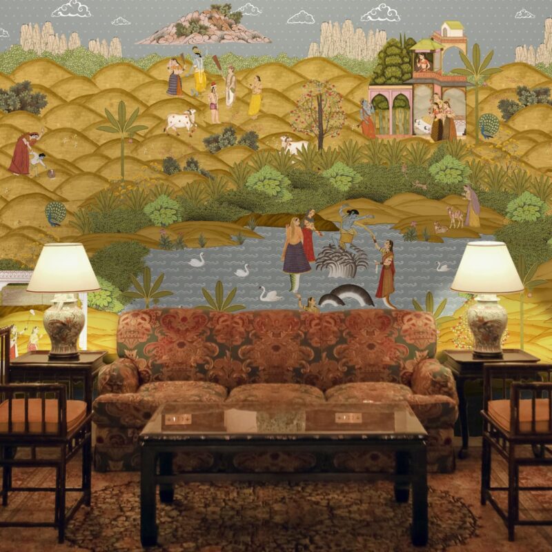 Vibrant Krishna Leela wallpaper showcasing Lord Krishna's life events amidst Vrindavan's lush landscapes, infusing the space with mythological charm.